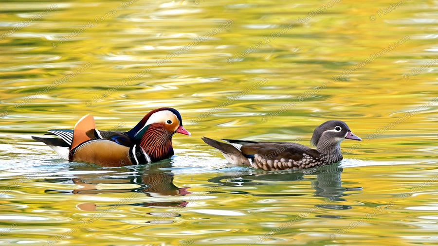 A pair of Mandarin Ducks, colourful drake and grey hen, swimming on golden water.